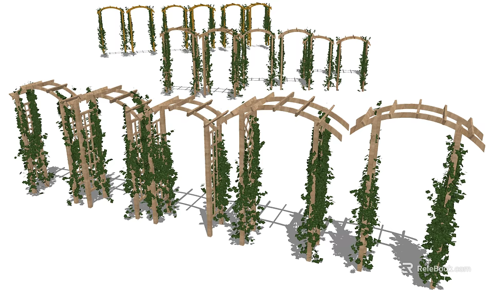 Garden Decorative Wooden Arches Adorned With Lush Green Climbing Vines 3d model 