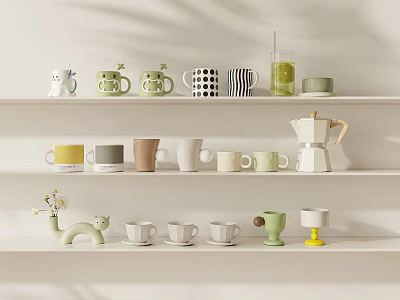 Various Decorative Ceramic Mugs And Coffee Maker On White Shelf 3d model