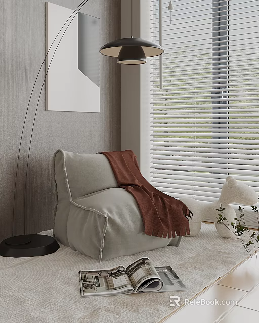 Cozy Light Gray Bean Bag Chair With Brown Blanket Near Window Blinds In Bedroom 3d model 