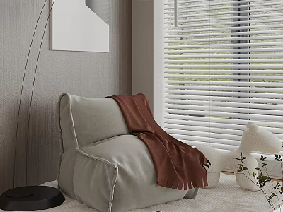 Cozy Light Gray Bean Bag Chair With Brown Blanket Near Window Blinds In Bedroom 3d model
