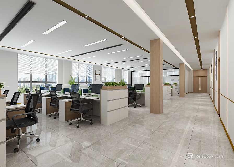 Bright Modern Public Office Space With Desks Chairs Computers Plants And Large Windows 3d model 