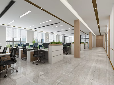 Bright Modern Public Office Space With Desks Chairs Computers Plants And Large Windows 3d model