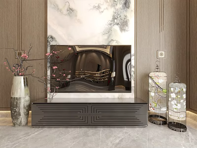 Modern Elegant Decorative Ornament Set With Silver Vase Plum Blossom Branches And Birdcage Decor 3d model