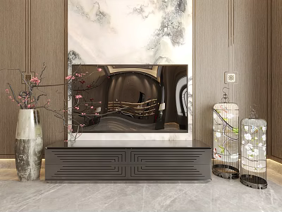 Modern Elegant Decorative Ornament Set With Silver Vase Plum Blossom Branches And Birdcage Decor 3d model