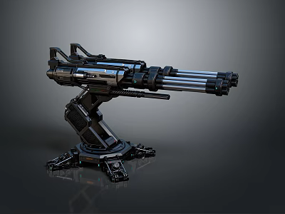 Futuristic Black Metal Weapon Featuring Multiple Barrels And Stable Mounted Stand 3d model