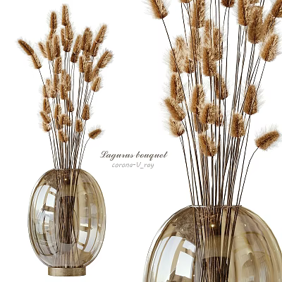 Elegant Decorative Ornament Set With Lagurus Bouquet In Glass Vases Corner View 3d model