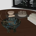 Decorative Ornament Combination With Bowl Candle Holder Mountain Decor Twigs And Books On Wooden Table