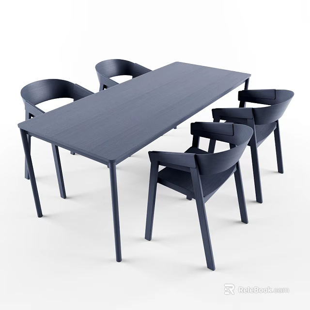 Modern Navy Blue Rectangular Dining Table And Chairs Set With Simple Backrest Design 3d model