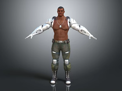 Male Sci Fi Character With Robotic Arms Bare Chest Camouflage Pants Necklace And Boots 3d model