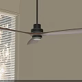 Modern Ceiling Fan with Light Wooden Blades and Black Downrod in Room with Window Blinds