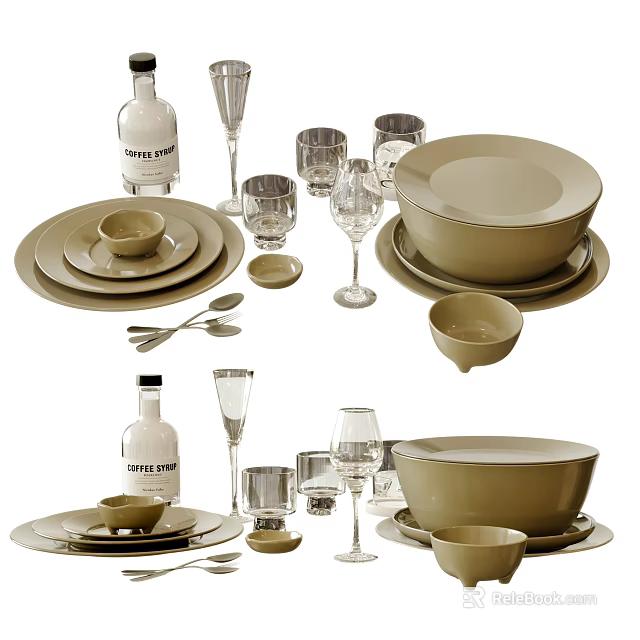 Modern Dinnerware Set With Plates Bowls Glasses Spoons And Bottle 3d model 