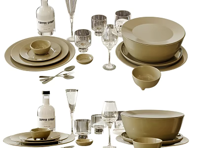 Modern Dinnerware Set With Plates Bowls Glasses Spoons And Bottle 3d model