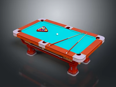 Billiard Table Featuring Orange Frame Blue Playing Surface Wooden Legs Billiard Balls And Cue Sticks 3d model