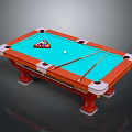 Billiard Table Featuring Orange Frame Blue Playing Surface Wooden Legs Billiard Balls And Cue Sticks