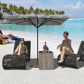 Outdoor Beach Lounge Chairs With Umbrella Wooden Table And Palm Trees