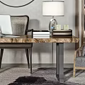 Modern Wooden Desk With Laptop Table Lamp Books Potted Plants And Wall Art
