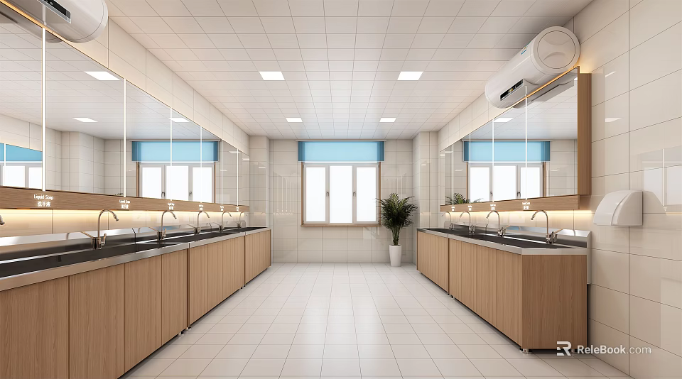 Clean Modern Public Restroom With Spacious Interior Sinks Mirrors Windows And Wooden Cabinets 3d model 