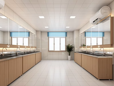 Clean Modern Public Restroom With Spacious Interior Sinks Mirrors Windows And Wooden Cabinets 3d model