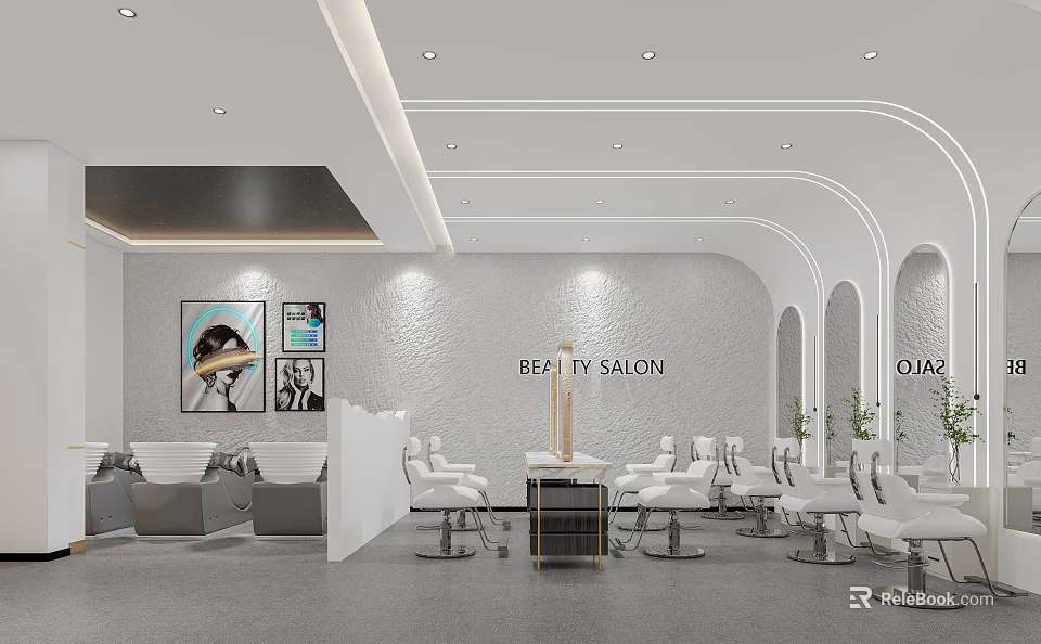 Modern Beauty Salon Interior Design With White Styling Chairs Sofas And Wall Art Arched Doorways 3d model 