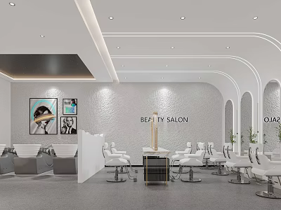 Modern Beauty Salon Interior Design With White Styling Chairs Sofas And Wall Art Arched Doorways 3d model