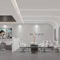 Modern Beauty Salon Interior Design With White Styling Chairs Sofas And Wall Art Arched Doorways