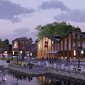 Evening Commercial Street With Traditional Modern Buildings Waterfront Pedestrian Area And People Walking