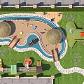 Kids Playground with Slide Thatched Umbrellas Wooden Cabin Water Pool Grass Lawn and Sea View