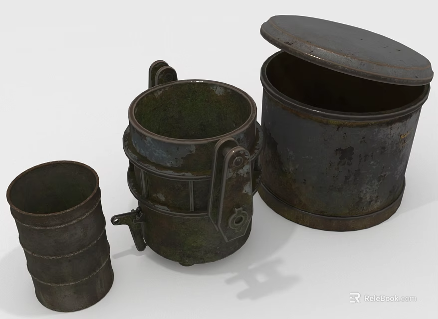Rusted Vintage Metal Containers with Various Sizes and Open Lid Design 3d model 