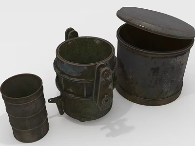 Rusted Vintage Metal Containers with Various Sizes and Open Lid Design 3d model