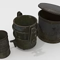 Rusted Vintage Metal Containers with Various Sizes and Open Lid Design