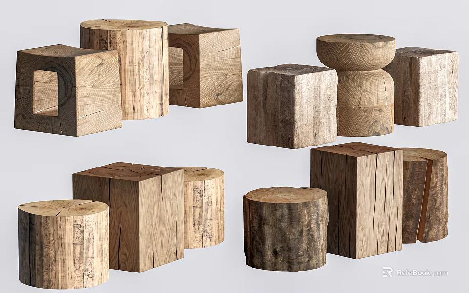 Assorted Stone Wood Blocks Showcasing Geometric Shapes and Natural Textures 3d model