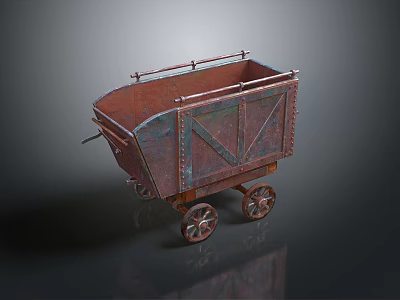 Vintage Metal Mining Cart With Rustic Red Brown Finish And Wooden Spoke Wheels 3d model