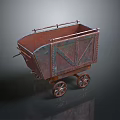Vintage Metal Mining Cart With Rustic Red Brown Finish And Wooden Spoke Wheels