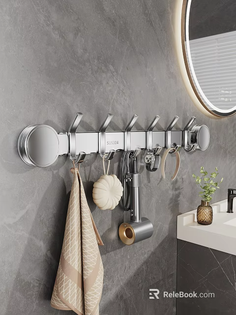 Modern Bathroom Set with Wall Mounted Hook Rack Towel Hair Dryer Mirror and Sink Counter 3d model 
