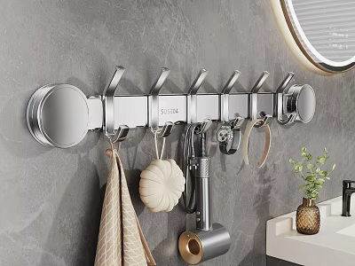Modern Bathroom Set with Wall Mounted Hook Rack Towel Hair Dryer Mirror and Sink Counter 3d model