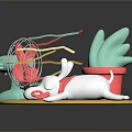 White Dog On Yellow Mat With Red Collar Green Fan Red Pot And Colorful Ribbons