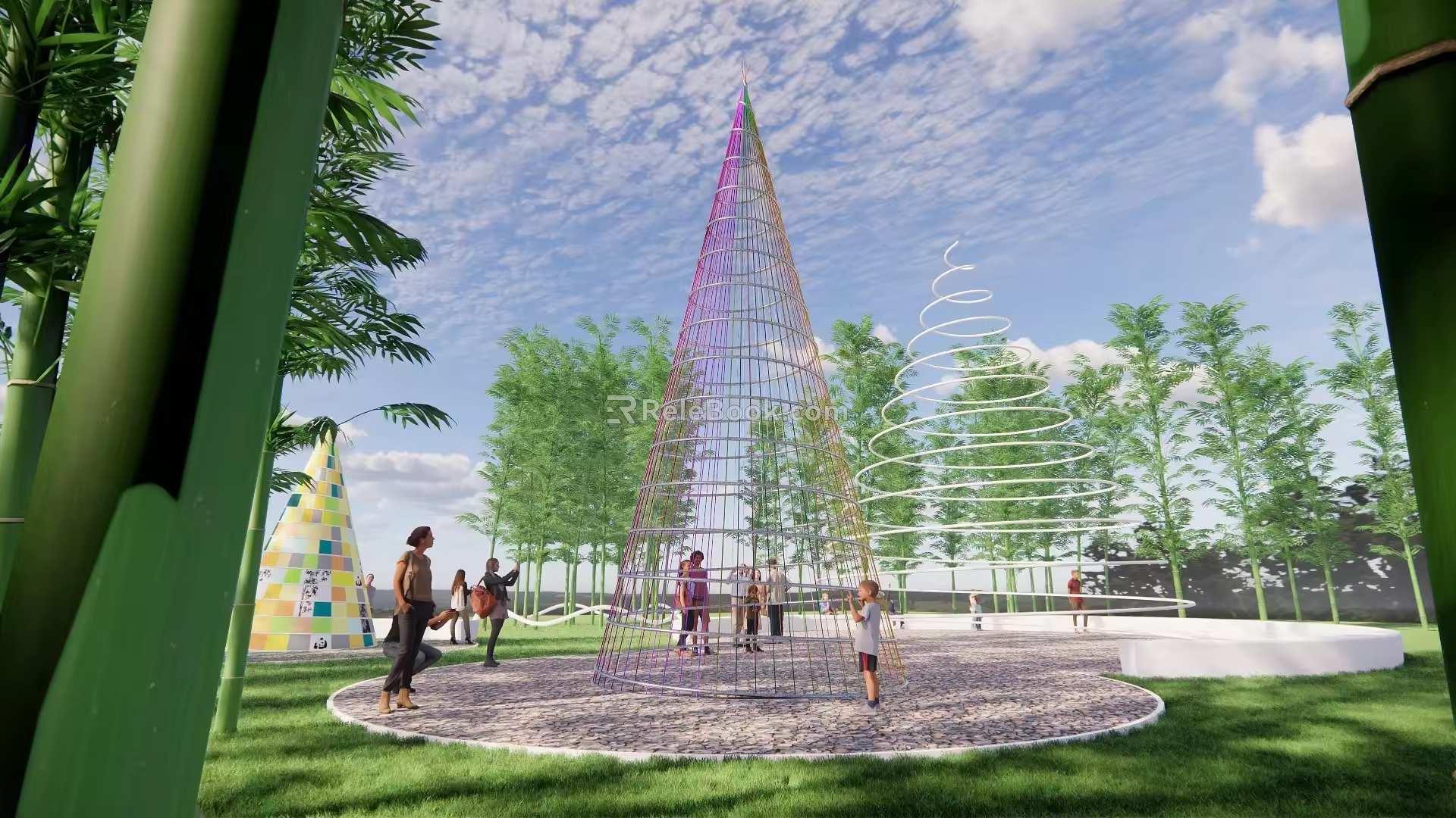 Landscape sketch art installation cone spiral abstract bamboo shoot shape vitality forest sketch color hemp rope woven metal frame pixelation 3d model