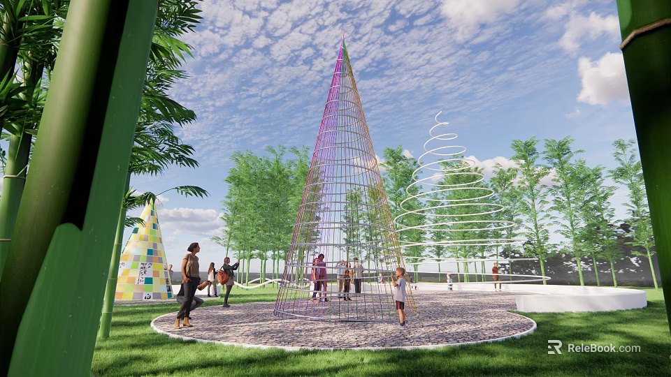 Colorful Conical Metal Garden Ornament With Spiral Design Among Trees And Grass For People Activities 3d model 