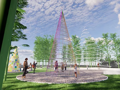 Colorful Conical Metal Garden Ornament With Spiral Design Among Trees And Grass For People Activities 3d model