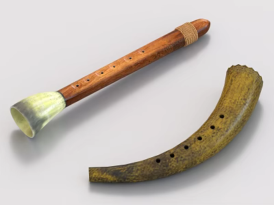 Handcrafted Wooden Musical Instruments and Horn Shaped Art Supplies with Holes and Textured Surface 3d model