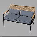 Modern Sofa With Rattan Backrest Blue Cushions And Black Metal Frame Design