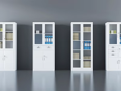 White Bookcases with Glass Doors Holding Books Folders Grey Wall and Smooth Grey Floor 3d model