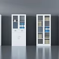 White Bookcases with Glass Doors Holding Books Folders Grey Wall and Smooth Grey Floor