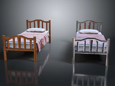 Two Double Beds With Wooden And Metal Frames Classic Headboard Footboard And Striped Bedspread 3d model