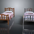 Two Double Beds With Wooden And Metal Frames Classic Headboard Footboard And Striped Bedspread