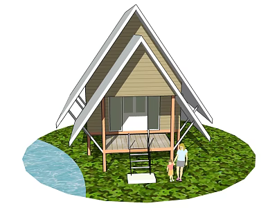 Wooden Cabin With Triangular Roof Near Green Grass Water Area And Two People 3d model