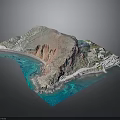 3D Coastal Terrain Model With Mountain Blue Water Sandy Beach And Buildings