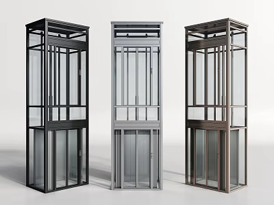 Three Modern Glass Elevators With Metal Frames And Glass Doors 3d model