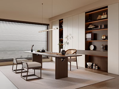 Modern Tea Room Interior With Wooden Table Chairs Hanging Light Tea Sets And Display Cabinets 3d model