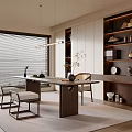 Modern Tea Room Interior With Wooden Table Chairs Hanging Light Tea Sets And Display Cabinets